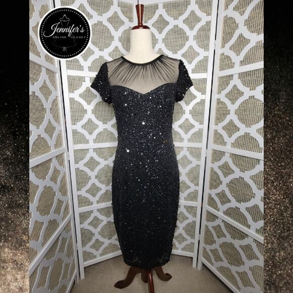 Adrianna Papell Black Sequin Embellished Mesh Neckline Sheath Dress Size 8 - Picture 1 of 12